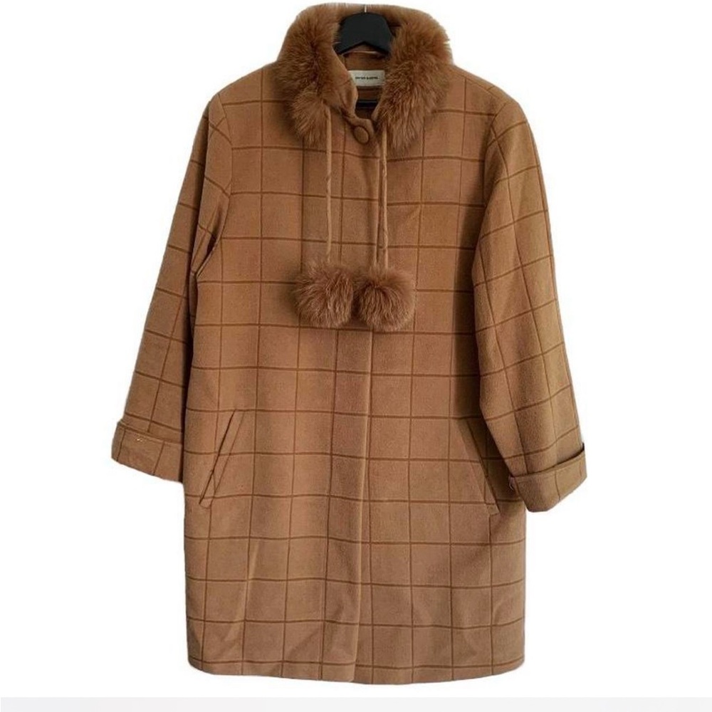 Vintage Brown Irving Samuel Checkered Women's Wool Angora Coat with Fur Collar